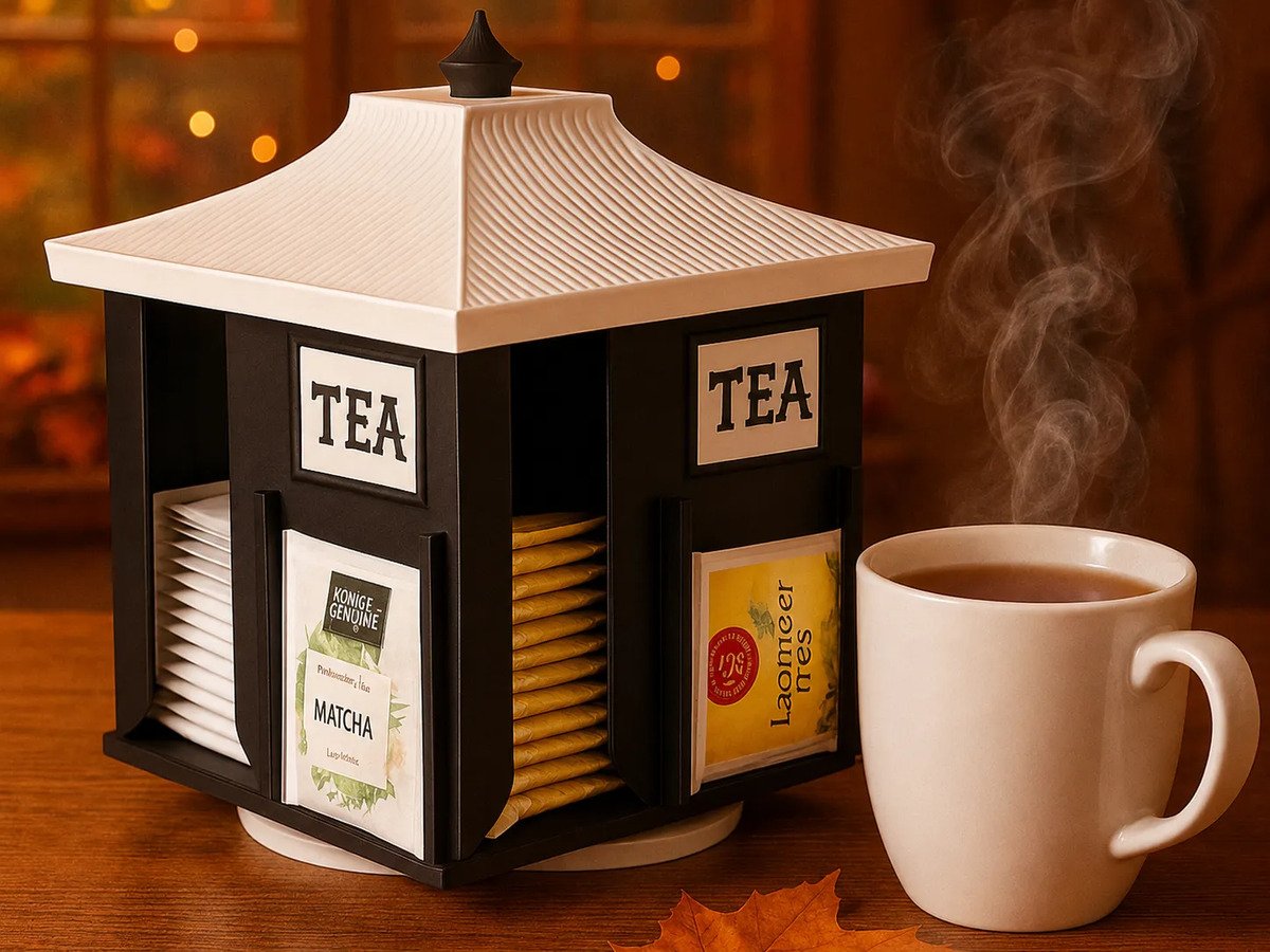 Dispensador De Té Japonés 4 Divisiones Base Giratoria Blanco Con Negro - Imagen 2