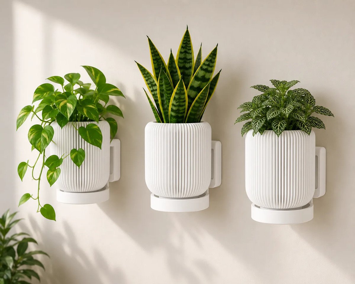 Maceta Colgante C/ Depósito Agua Combo X3 Unidades Pared Blanco Colgante